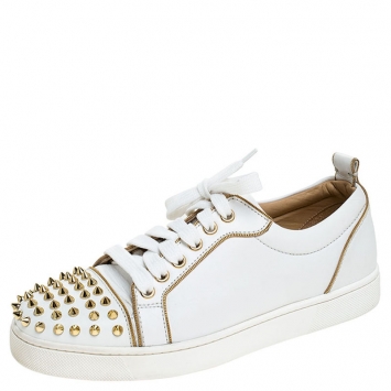 Pre Owned Christian Louboutin White/Gold Leather Louis Junior Spikes Sneakers Size 37