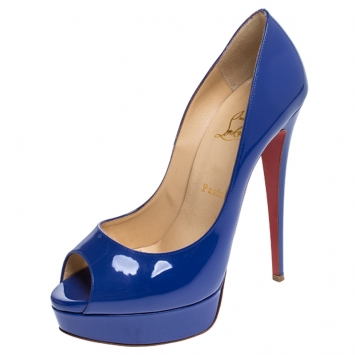 Pre Owned Christian Louboutin Blue Patent Leather Lady Peep Pumps Size 40