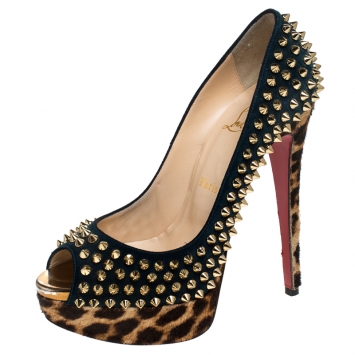 Pre Owned Christian Louboutin Blue Suede and Leopard Pony Hair Spiked Lady Peep Toe Platform Pumps Size 37