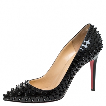 Pre Owned Christian Louboutin Black Patent Leather Spike Pointed Toe Pumps Size 38.5