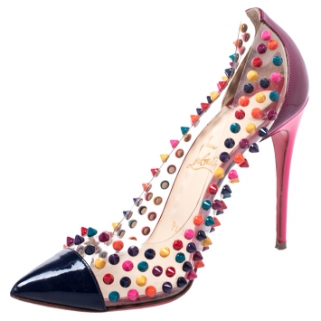 Pre Owned Christian Louboutin Multicolor Patent and PVC Spike Me Pumps Size 38