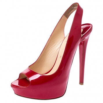 Pre Owned Christian Louboutin Red Patent Leather Private Number Peep Toe Platform Sandals Size 38.5
