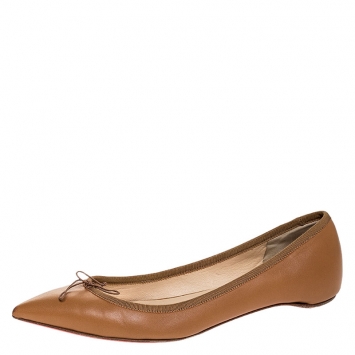 Pre Owned Christian Louboutin Beige Leather Bow Pointed Toe Ballet Flats Size 38.5