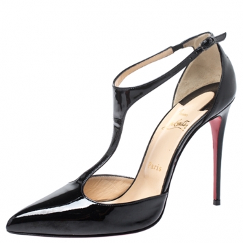 Pre Owned Christian Louboutin Black Patent J String T Strap Pumps Size 39