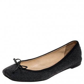 Pre Owned Christian Louboutin Grey Wool And Black Grosgrain Trim Rosella Bow Ballet Flats Size 38.5