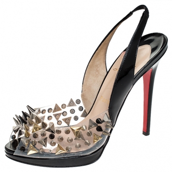 Pre Owned  Christian Louboutin Black Patent Leather And PVC Spikes Embellished Slingback Peep Toe Sandals Size 38.5