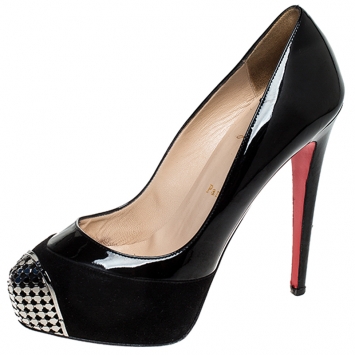 Pre Owned Christian Louboutin Black Patent Leather And Suede Maggie Platform Pumps Size 38.5