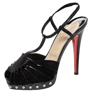 Pre Owned Christian Louboutin Black Spiked T-Strap Platform Sandals Size 38