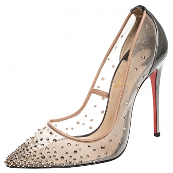 Pre Owned Christian Louboutin Metallic/Beige Crystal Embellished Mesh and Leather Follies Strass Pumps Size 38