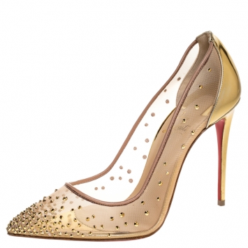 Pre Owned Christian Louboutin Gold Crystal Embellished Leather and Mesh Follies Strass Pumps Size 38.5