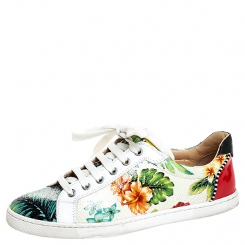 Pre Owned Christian Louboutin Multicolor Textured Floral Printed Patent Leather Hawaii Low Top Sneakers Size 38