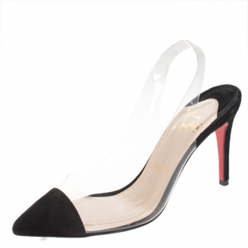 Pre Owned Christian Louboutin Black Suede/PVC Bis Un Bout Slingback Sandals Size 36
