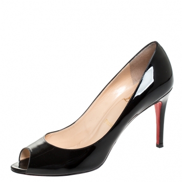 Pre Owned Christian Louboutin Black Patent Leather Evelyn Peep Toe Pumps Size 39.5