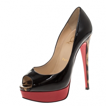 Pre Owned Christian Louboutin Black Patent Leather Lady Peep Platform Pumps Size 36