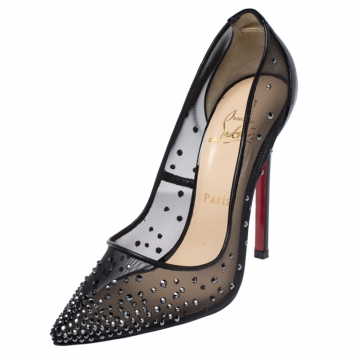Pre Owned Christian Louboutin Black Crystal Embellished Mesh and Patent Leather Follies Strass Pumps Size 38.5