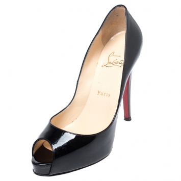 Pre Owned Christian Louboutin Black Patent Leather New Prive Peep Toe Pumps Size 37.5