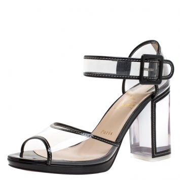 Pre Owned Christian Louboutin Clear PVC And Black Patent Trim Barbaclara Lucite Block Heel Sandals Size 38