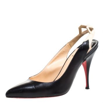 Pre Owned Christian Louboutin Black Leather And White Bow Slingback Pointed Toe Sandals Size 36