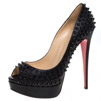 مملوكة مسبقًا Christian Louboutin Black Leather Lady Peep Spikes Platform Pumps Size 40