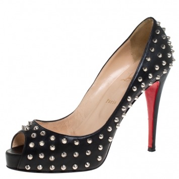 Pre Owned Christian Louboutin Black Leather Very Prive Studded Peep Toe Platform Pumps Size 41