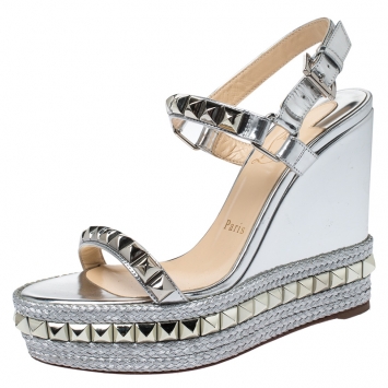 Pre Owned Christian Louboutin Metallic Gold Leather Pyraclou Pyadiam Studded Platform Ankle Strap Sandals Size 37