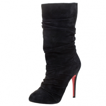Pre Owned Christian Louboutin Black Ruched Suede Piros Mid Calf Boots Size 38