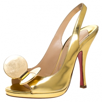 Pre Owned Christian Louboutin Metallic Gold Leather Madame Mouse Peep Toe Slingback Sandals Size 37