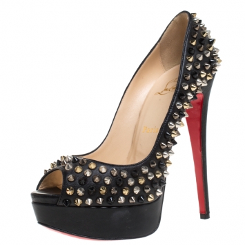 Pre Owned Christian Louboutin Black Leather Spiked Lady Peep Toe Platform Pumps Size 37