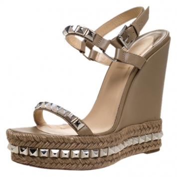 Pre Owned Christian Louboutin Khaki Studded Leather Cataclou Espadrille Wedge Sandals Size 40