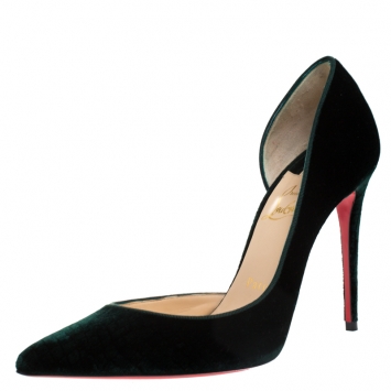 Pre Owned Christian Louboutin Dark Green Textured Velvet Iriza Pointed Toe D'orsay Pumps Size 37