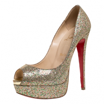 Pre Owned Christian Louboutin Multicolor Glitter Fabric Lady Peep Platform Pumps Size 38.5