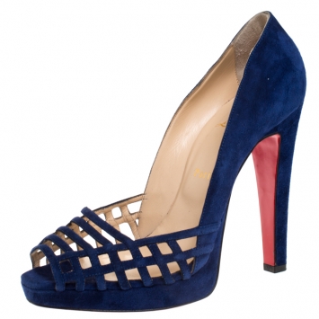 Pre Owned Christian Louboutin Blue Cutout Suede Peep Toe Platform Pumps Size 39.5