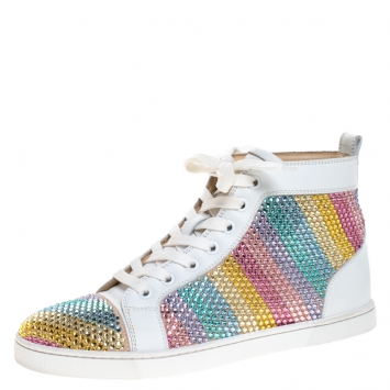 Pre Owned Christian Louboutin White Crystal Embellished  Suede Leather Louis High Top Sneakers Size 37 