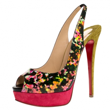 Pre Owned Christian Louboutin Multicolor Granite Print Patent Leather and Suede Lady Peep Toe Platform Pumps Size 40.5