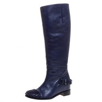 Pre Owned Christian Louboutin Blue Leather Spiked Egoutina Knee Length Boots Size 37.5