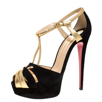 Pre Owned Christian Louboutin Black/Gold Leather and Suede Glennalta Platform Sandals Size 39