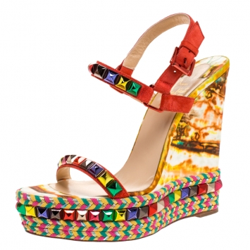 Pre Owned Christian Louboutin Multicolor Studded Suede Cataclou Espadrille Wedge Sandals Size 41