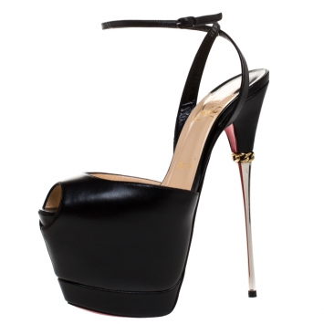 Pre Owned Christian Louboutin Black Leather Despressi Peep Toe Platform Sandals Size 37.5