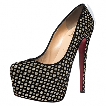 Pre Owned Christian Louboutin Black/Gold Glitter Fabric and Flocked Suede Daffodile Platform Pumps Size 37