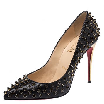 Pre Owned Christian Louboutin Black Studded Leather Pigalle Pumps Size 37.5
