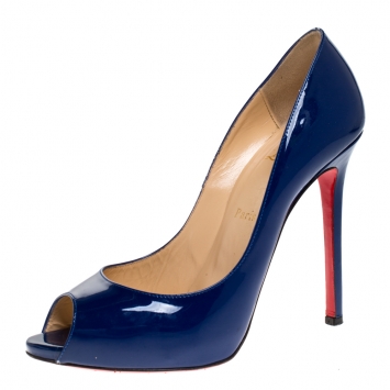 Pre Owned Christian Louboutin Blue Patent Leather Maryl Peep Toe Platform Pumps Size 39.5