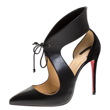 Pre Owned Christian Louboutin Black Leather France Lace Up Pointed Toe Pumps Size 38.5