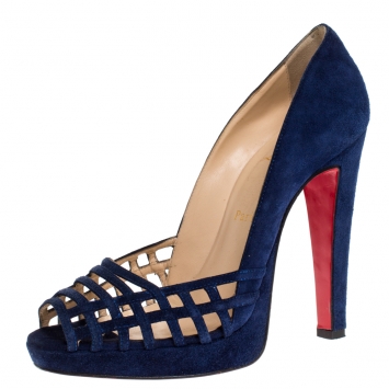 Pre Owned Christian Louboutin Blue Cutout Suede Peep Toe Platform Pumps Size 38.5
