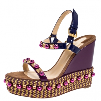 Pre Owned Christian Louboutin Purple Patent Leather Cataconico Embellished Wedge Platform Ankle Strap Sandals Size 38