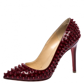 Pre Owned Christian Louboutin Red Patent Leather Follies Spikes Pointed Toe Pumps Size 38