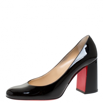 Pre Owned Christian Louboutin Black Patent Leather Baobab Block Heel Pumps Size 38.5