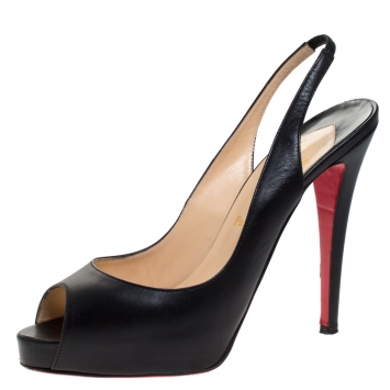 Pre Owned Christian Louboutin Black Leather Private Number Peep Toe Slingback Sandals Size 40