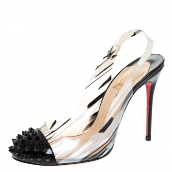Pre Owned Christian Louboutin Black/White Patent Leather And PVC Epoca Sandals Size 37