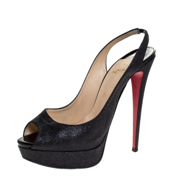 Pre Owned Christian Louboutin Black Glitter Fabric Lady Peep Toe Platform Slingback Sandals Size 42