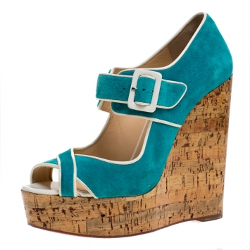 Pre Owned Christian Louboutin Blue Suede and Coated Cork Wedge Melides Sandals Size 38.5